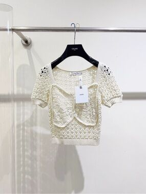 Dior Cream Knit Short-Sleeve Bow Front Top